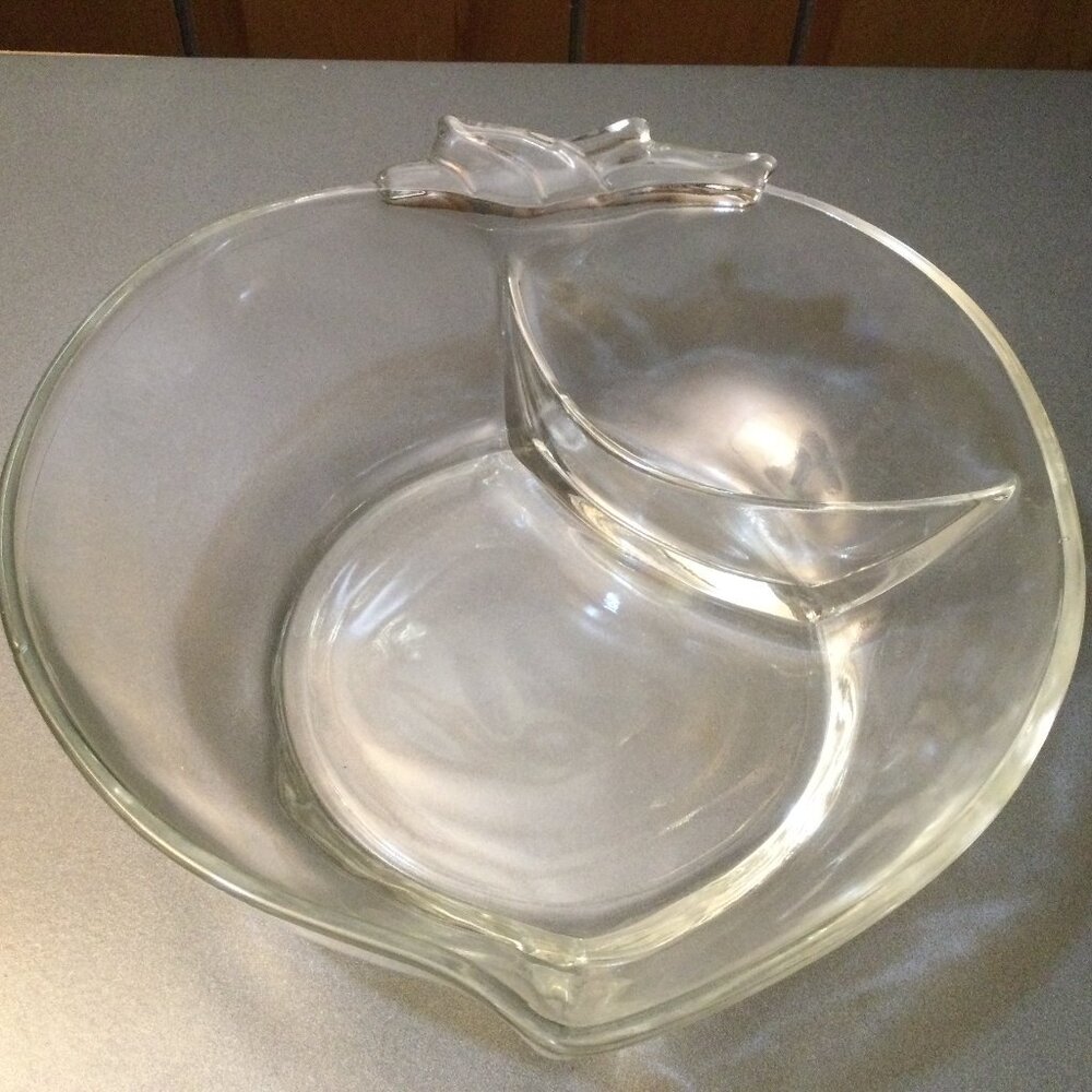Peach shaped Hazel-Atlas divided 10” glass serving bowl vintage